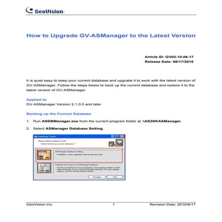 GeoVision : Access Control Solutions : How to : Upgrading AS Manager