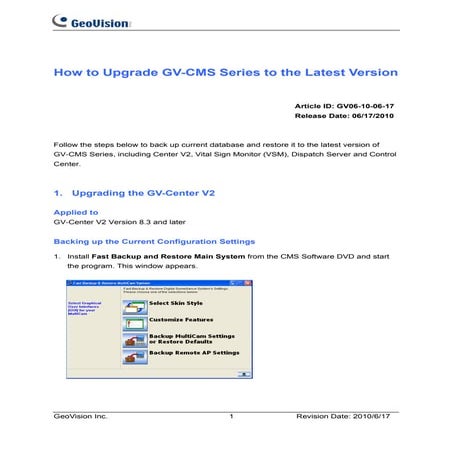 GeoVision : Video Management Solutions : How to : Upgrading GV-CMS CenterV2 ControlCenter