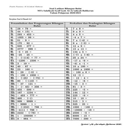 Bilangan Bulat (Pemahaman Santri Baru) Pondok Pesantren Al-As'adiyah Balikeran