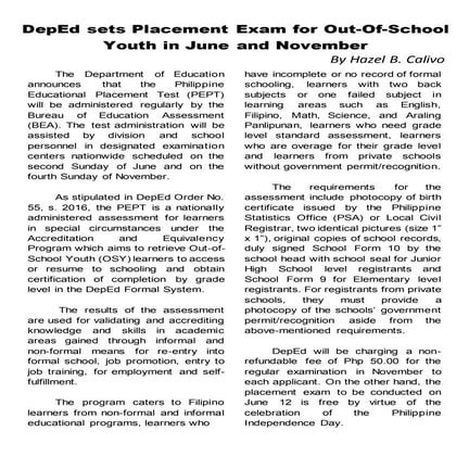 DepEd Sets Placement Exam for Out-of-School Youth in June and November