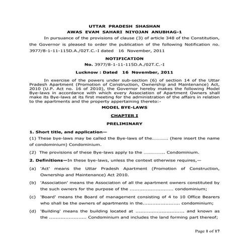 Model Bye-Laws for Uttar Pradesh Apartment Owners Assocations