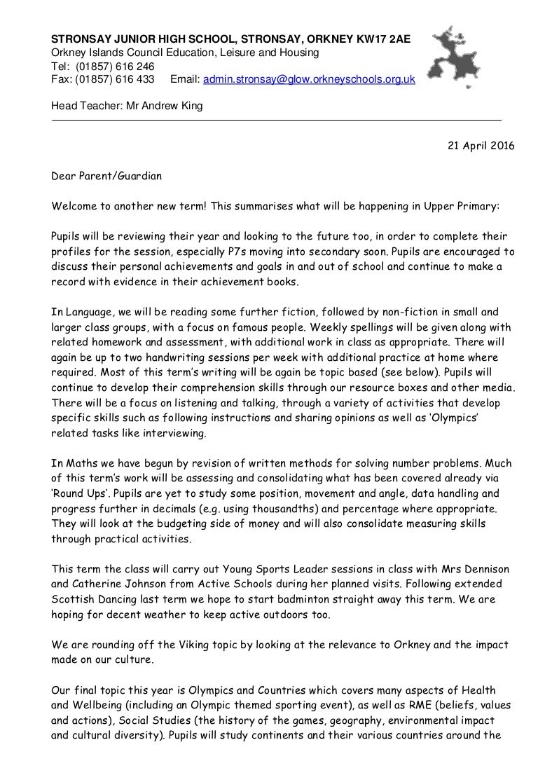 upper primary parent letter term 4 to the parents of letter