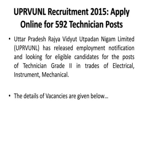 UPRVUNL Recruitment 2015: Apply Online for 592 Technician Posts