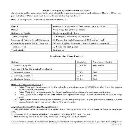 Upsc geologist syllabus exam pattern