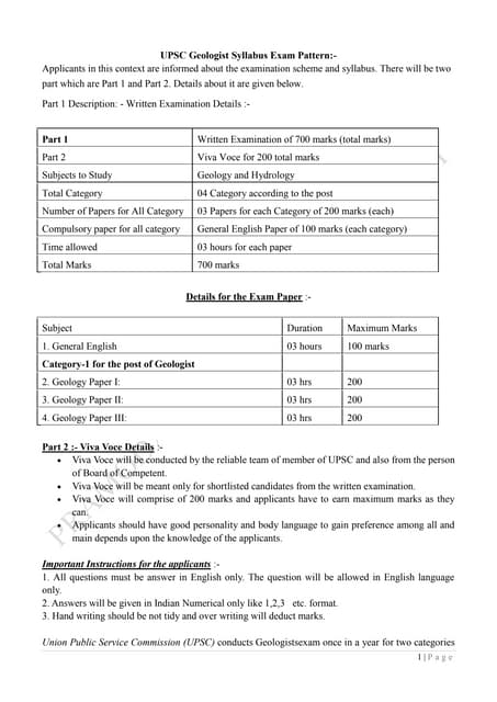 Upsc geologist syllabus exam pattern