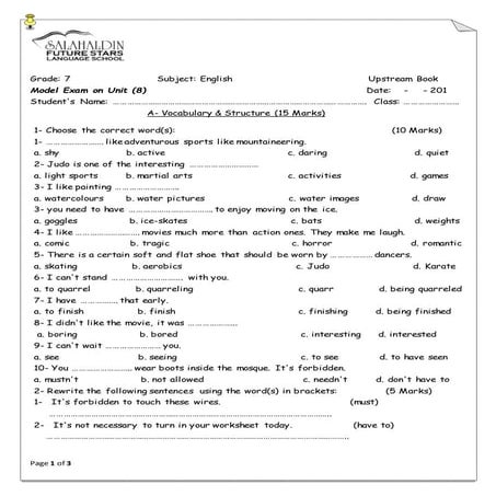 Upstream A2 Unit 8 Worksheet