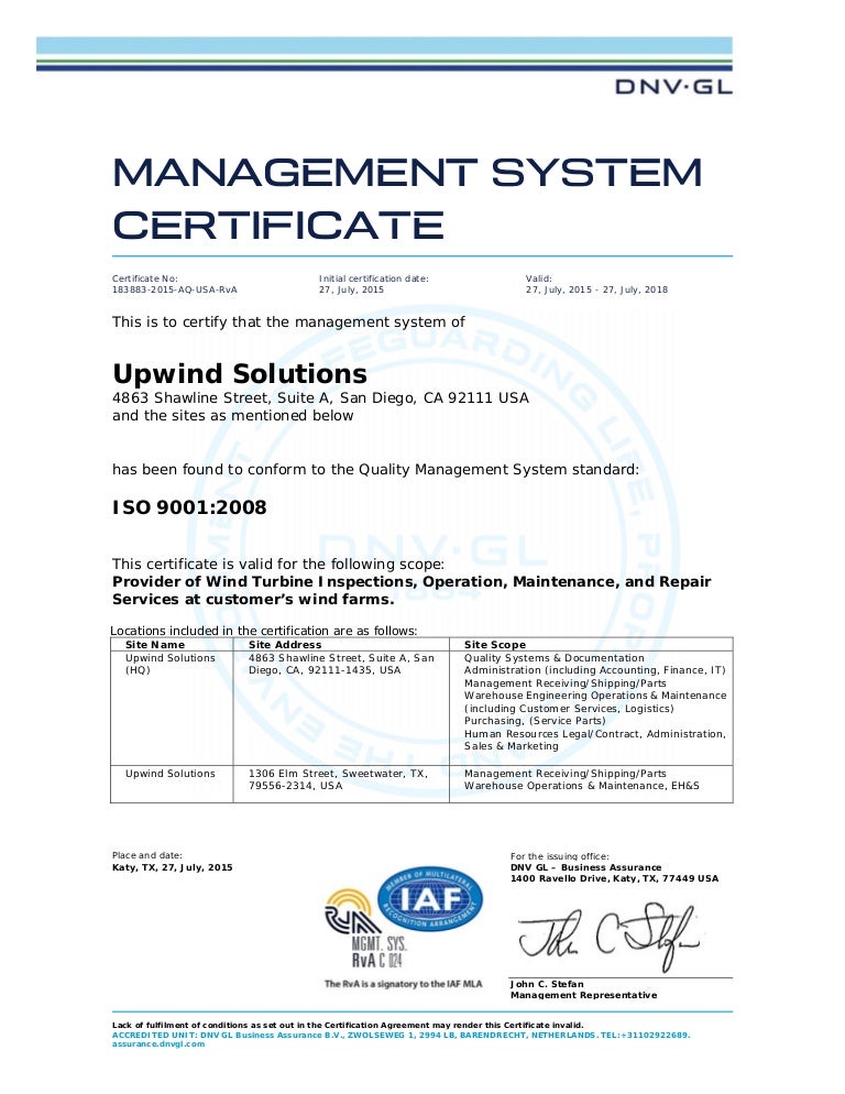 Upwind Solutions Dnv Gl Iso 9001 2008 Certification