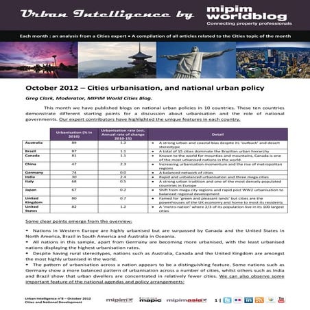 Urban Intelligence 8- October 2012- Cities Urbanisation and National Urban Po...