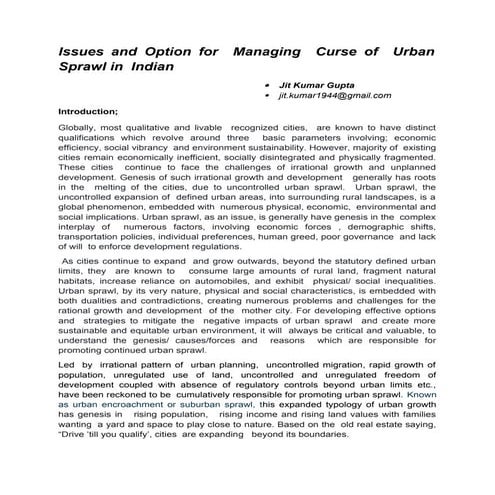 Issues and Option for  Managing  Challenges of  Urban Sprawl in  Indian