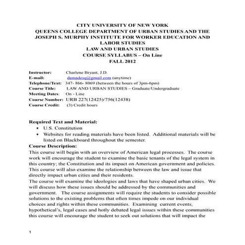 Urbst 227   law urban studies syllabus fall 2012 queens college