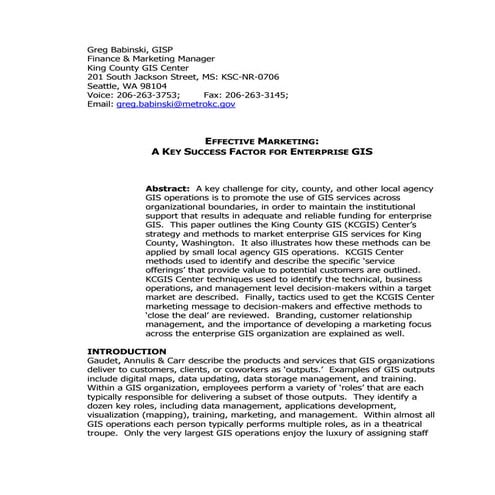 Effective Marketing: a Key Success Factor for Enterprise GIS, 2004 URISA Annual Conference