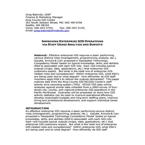 IMPROVING ENTERPRISE GIS OPERATIONS VIA STAFF USAGE ANALYSIS AND SURVEYS