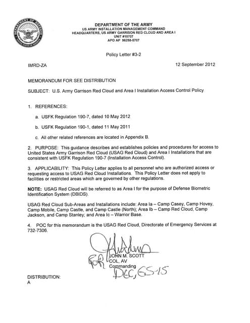 USAG Red Cloud and Area I Policy Letters | PDF