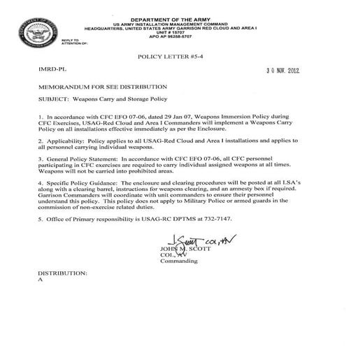 USAG Red Cloud and Area I Policy Letters | PDF
