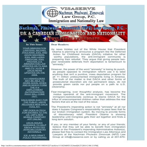 NPZ LAW GROUP'S U.S. & CANADIAN IMMIGRATION LAW UPDATE (August 15th, 2014)