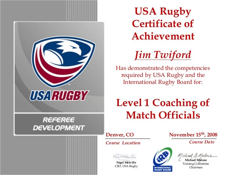 USA Rugby Coaching of Match Officials Certificate