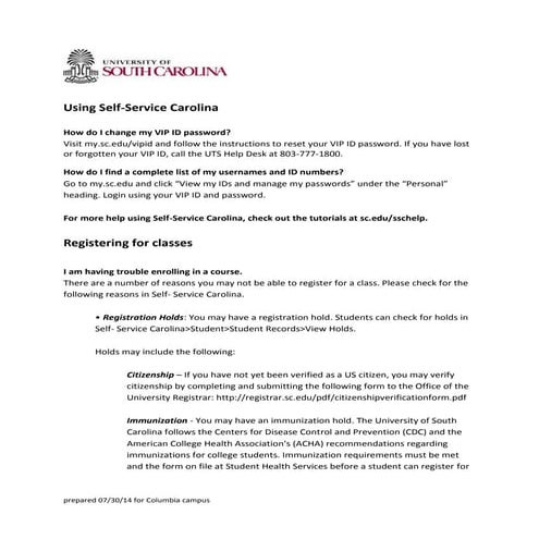 USC Columbia fall 2014 FAQs | PDF