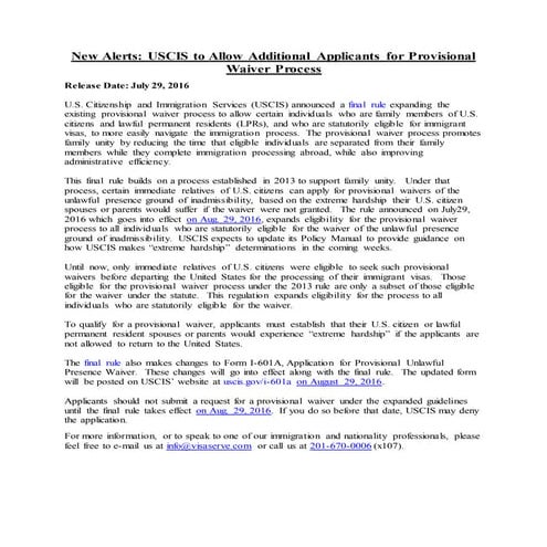 New Alerts: USCIS to Allow Additional Applicants for Provisional Waiver Process