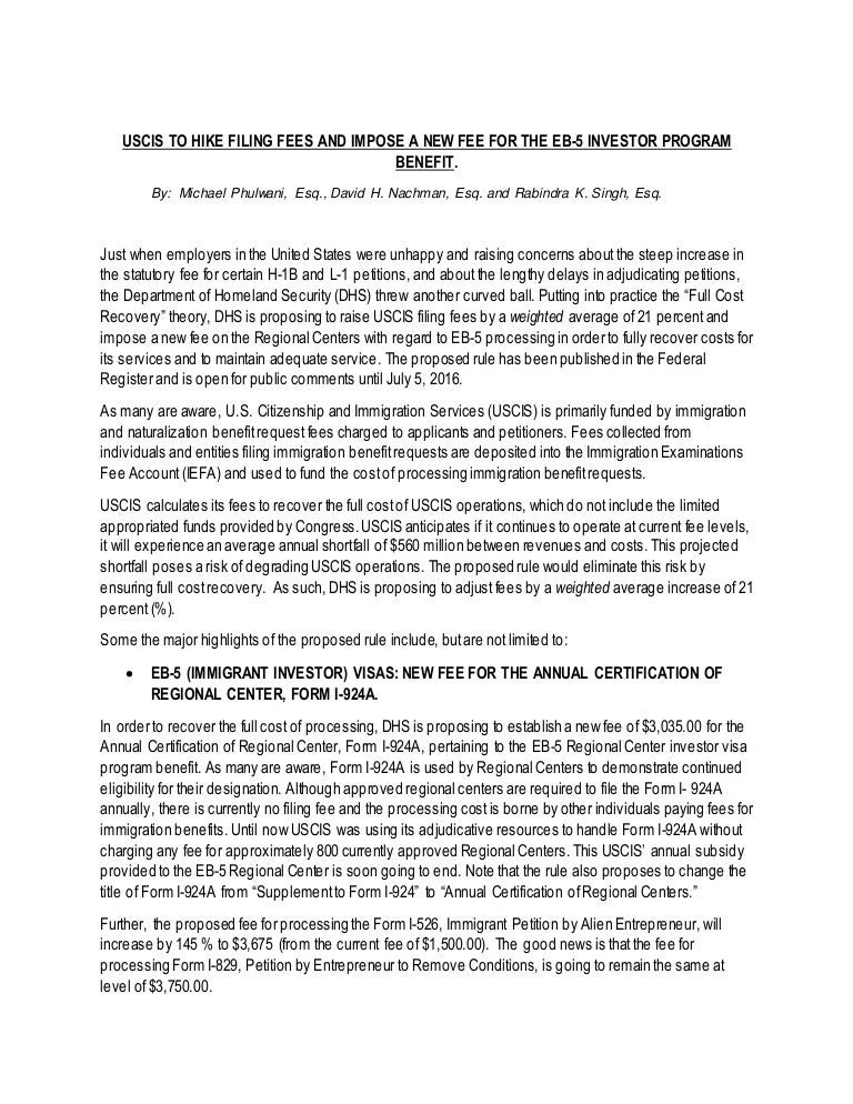 uscis to hike filing fees and impose a new fee for the eb 5 investor i 145 immigration form