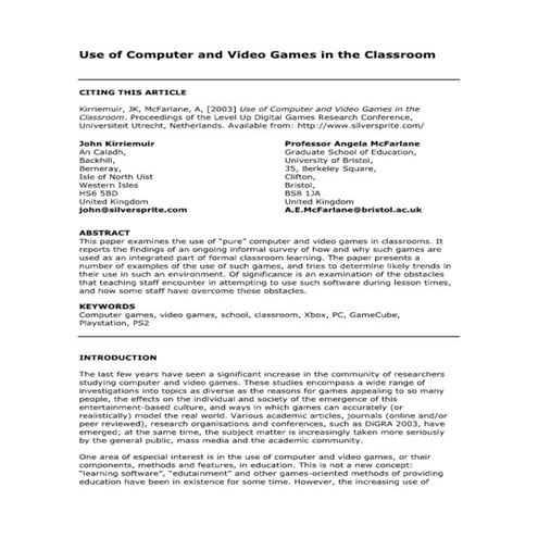 Use of Computer and Video Games in the Classroom