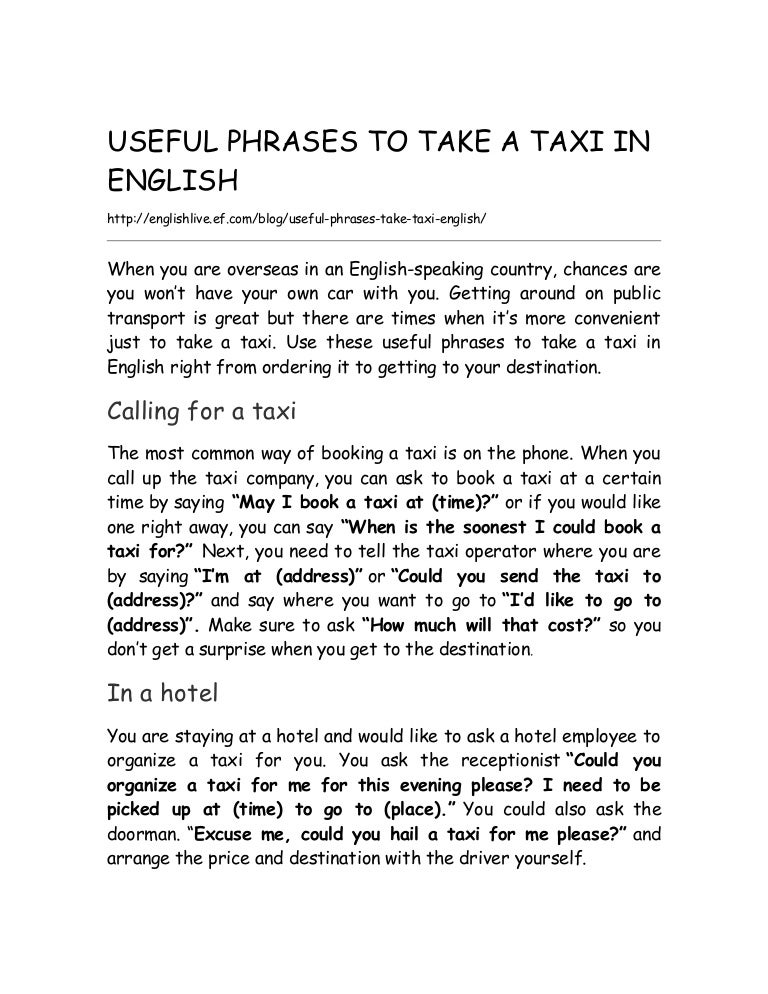 Useful phrases to take a taxi in English