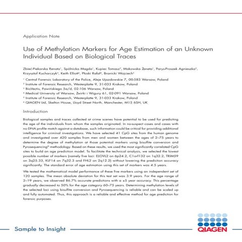 Use of Methylation Markers for Age Estimation of an unknown Individual based ...
