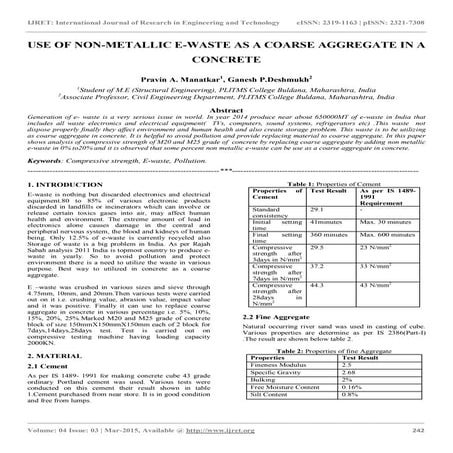 Use of non metallic e-waste as a coarse aggregate in a concrete