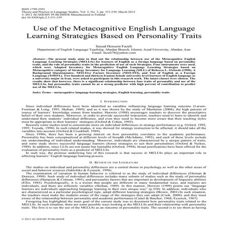 Use of the metacognitive english language learning strategies based on person...