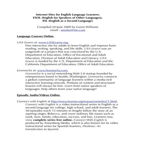 Internet Sites for English Language Learners : ESOL, ESL Online
