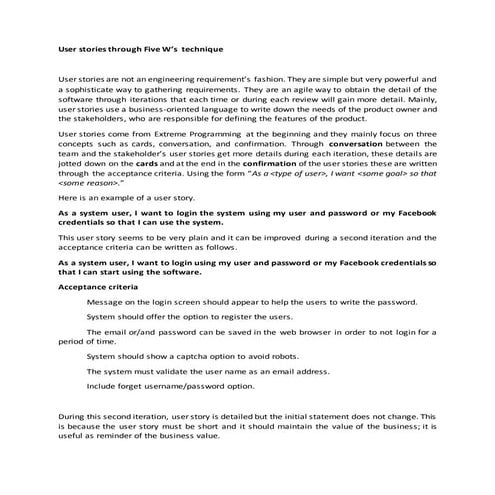 User stories through Five W's  technique