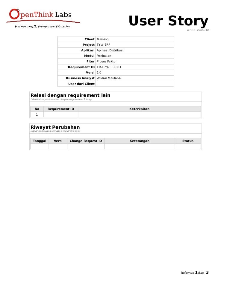 Software Development : User Story Form - Template