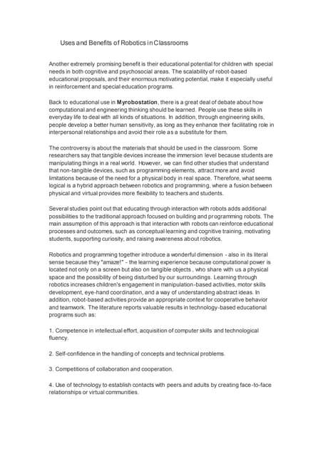 Uses  and  benefits of robotics in classrooms