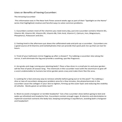 13 Great Uses of Cucumber, Amazing health benefits of having cucumber