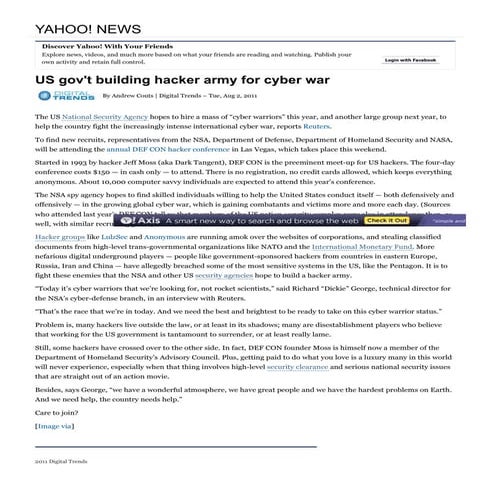 Us gov't building hacker army for cyber war yahoo! news | PDF