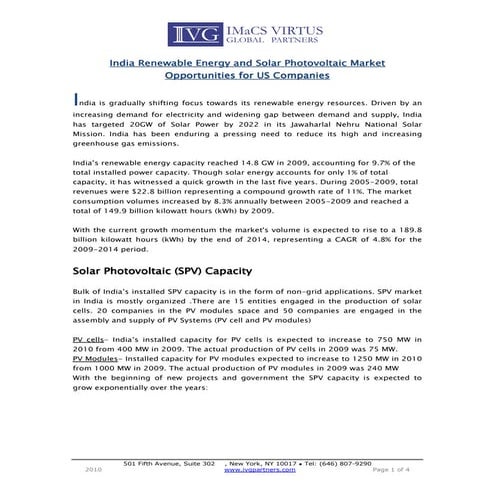 India Renewable Energy and Solar Photovoltaic Market - Opportunities for US C...