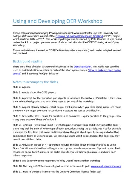 Using and developing oer workshop notes