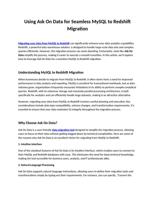 Using Ask On Data For Seamless Mysql To Redshift Migration Docx Using Ask On Data For Seamless Mysql To Redshift Migration Docx