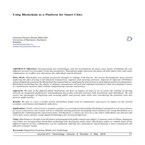 Using Blockchain as a Platform for Smart Cities. Christian Nãsulea, Stelian-M...