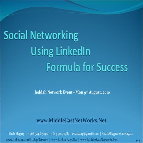 Using LinkedIn presented by Ehab Elagaty at the Jeddah Network Event 2010-08-09