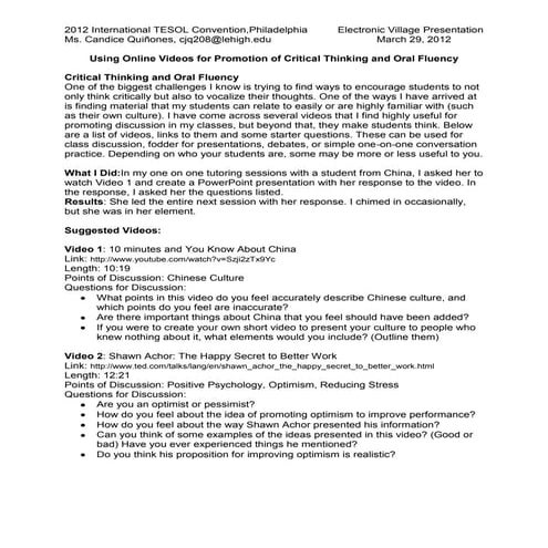 Using online videos for promotion of critical thinking and oral fluency