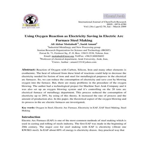 Using oxygen reaction as electricity saving in electric arc