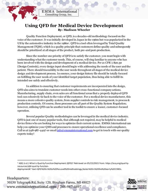 Using QFD for Medical Device Development