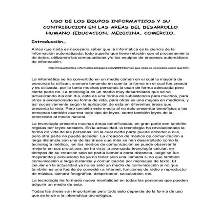 Uso de los equpos informaticos y su contribucion en las areas del desarrollo ...