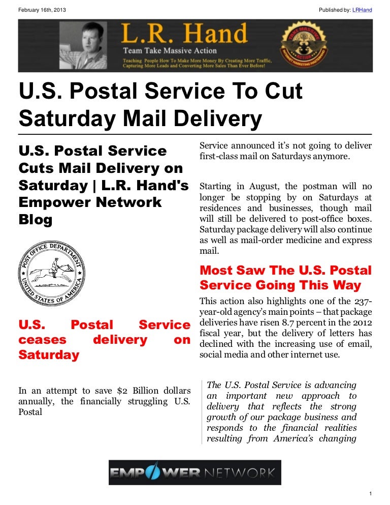 U.S. Postal Service To Cut Saturday Mail Delivery