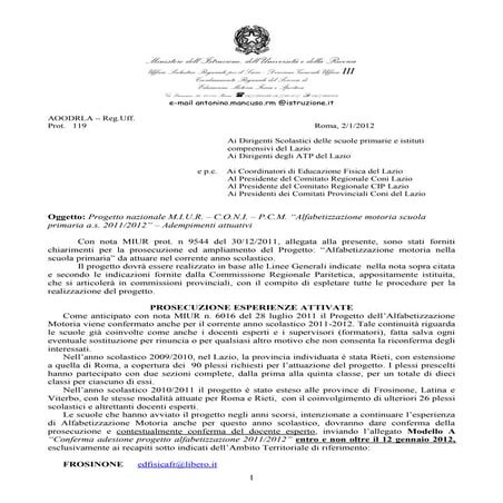 Nota USR Lazio Progetto Alfabetizzazione Motoria 2011-2012