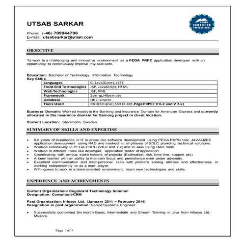 Utsab sarkar - CSSA certified PEGA developer looking for better oppurtunitiy