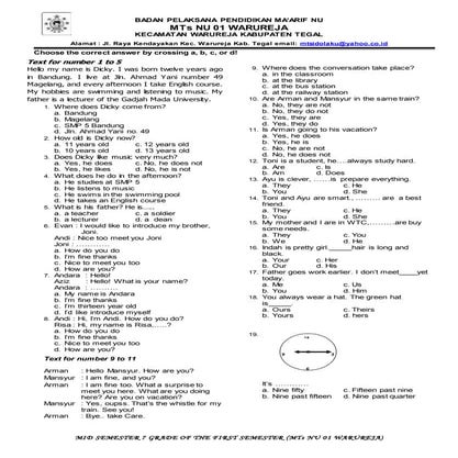 UTS Bahasa Inggris semester ganjil kelas 7 | DOCX