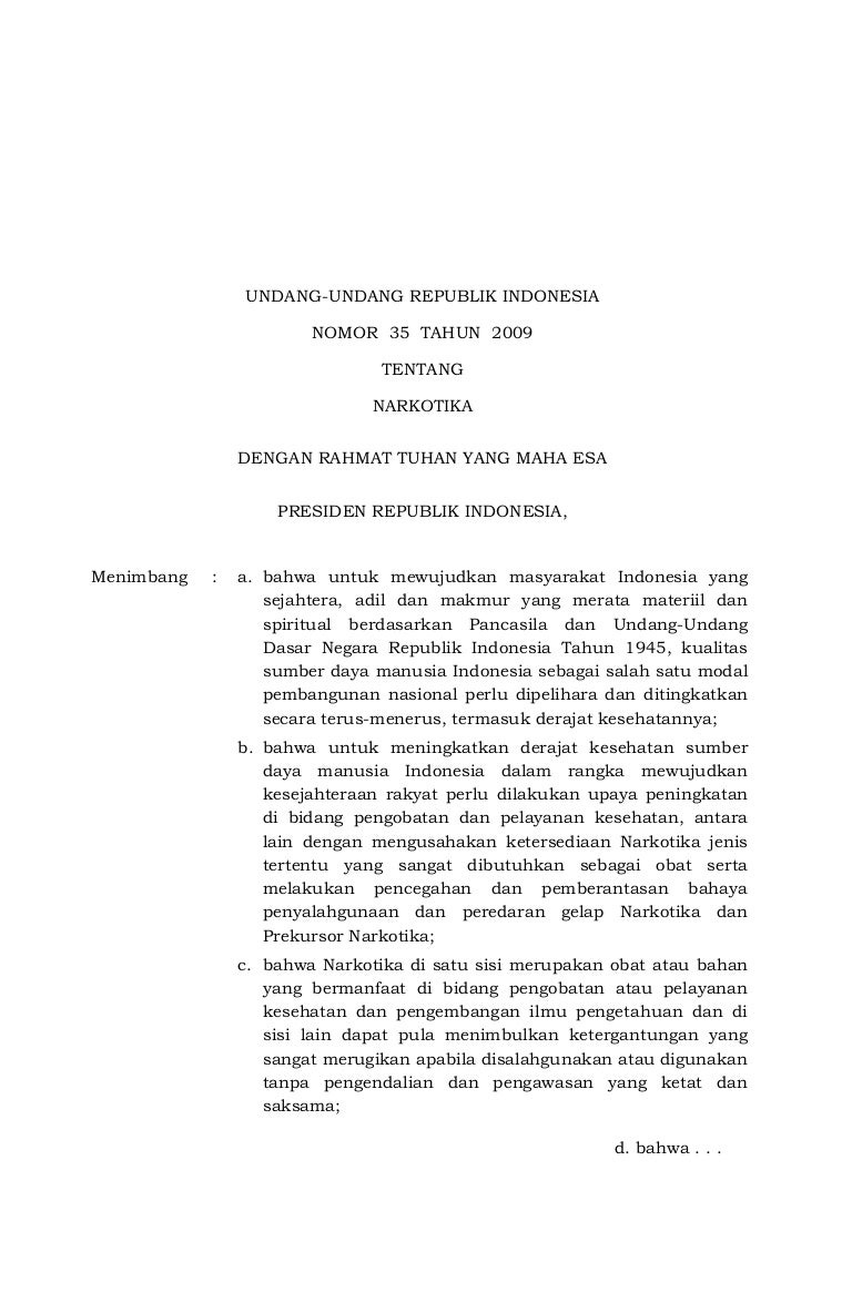 UU No 35 Tahun 2009 Tentang Narkotika