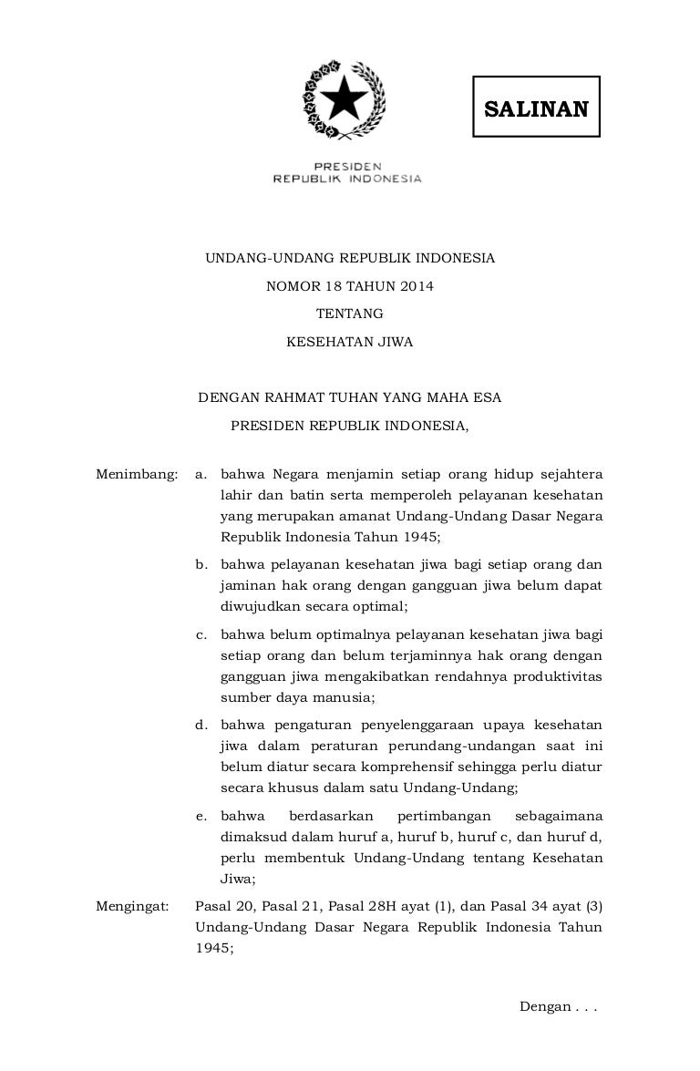 Uu Nomor 18 Tahun 2014 Tentang Kesehatan Jiwa