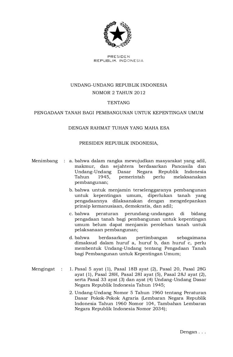 Uu Nomor 2 Tahun 2012 Tt Pengadaan Tanah Bagi Pembangunan Untuk Kepen